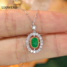 Load image into Gallery viewer, LUOWEND 18K White and Yellow Gold Real Natural Emerald and Diamond Gemstone Necklace for Women