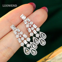Load image into Gallery viewer, LUOWEND 18K White Gold Real Natural Diamond Drop Earrings for Women