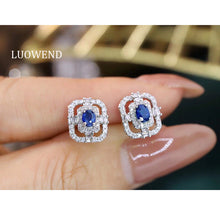 Load image into Gallery viewer, LUOWEND 18K White Gold Real Natural Sapphire and Diamond Earrings for Women