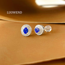 Load image into Gallery viewer, LUOWEND 18K White Gold Natural Diamond and Sapphire Earrings for Women