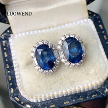 Load image into Gallery viewer, LUOWEND 18K White Gold Real Natural Sapphire and Diamond Gemstone Earrings for Women