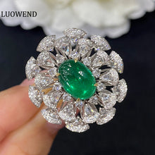 Load image into Gallery viewer, LUOWEND 18K White and Yellow Gold Real Natural Emerald Gemstone Ring for Women
