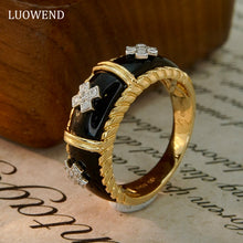 Load image into Gallery viewer, LUOWEND 18K Yellow Gold Real Natural Black Agate and Diamond Gemstone Ring for Women