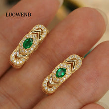 Load image into Gallery viewer, LUOWEND 18K Yellow Gold Real Natural Emerald and Diamond Earrings for Women