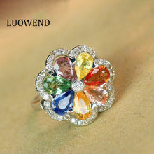 Load image into Gallery viewer, LUOWEND 18K White Gold Real Natural Color Sapphire and Diamond Gemstone Ring for Women