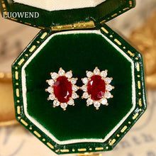 Load image into Gallery viewer, LUOWEND 18K Yellow Gold Real Natural Ruby and Diamond Gemstone Earrings for Women