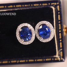 Load image into Gallery viewer, LUOWEND 18K White Gold Real Natural Sapphire and Diamond Gemstone Earrings for Women