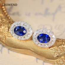 Load image into Gallery viewer, LUOWEND 18K White Gold Real Natural Sapphire and Diamond Gemstone Earrings for Women