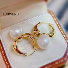 Load image into Gallery viewer, LUOWEND 18K Yellow Gold Real Natural Pearl Hoop Earrings for Women