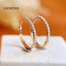 Load image into Gallery viewer, LUOWEND 18K White or Rose Gold Real Natural Diamond Hoop Earrings for Women