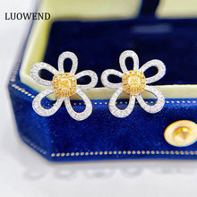 Load image into Gallery viewer, LUOWEND 18K White Gold Real Natural Yellow Diamond Stud Earrings for Women