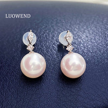 Load image into Gallery viewer, LUOWEND 18K White Gold Real Natural Diamond and Pearl Earrings for Women