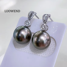 Load image into Gallery viewer, LUOWEND 18K White Gold Real Natural Diamond and Tahiti Black Pearl Earrings for Women