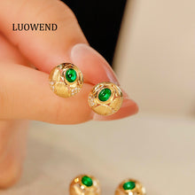 Load image into Gallery viewer, LUOWEND 18K Yellow Gold Real Natural Emerald and Diamond Gemstone Earrings for Women