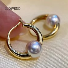 Load image into Gallery viewer, LUOWEND 18K Yellow Gold Real Natural Akoya Pearl Earrings for Women