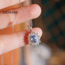 Load image into Gallery viewer, LUOWEND 18K White Gold Natural Diamond and Sapphire Necklace for Women