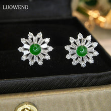 Load image into Gallery viewer, LUOWEND 18K White Gold Real Natural Jadeite and Diamond Gemstone Earrings for Women