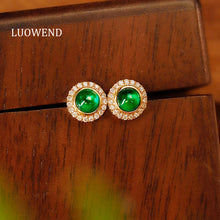 Load image into Gallery viewer, LUOWEND 18K Yellow Gold Real Natural Emerald and Diamond Earrings for Women