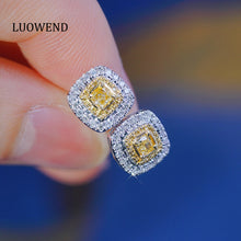 Load image into Gallery viewer, LUOWEND 18K White Gold Real Natural Yellow Diamond Stud Earrings for Women