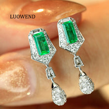 Load image into Gallery viewer, LUOWEND 18K White Gold Natural Emerald Earrings for Women