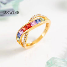 Load image into Gallery viewer, LUOWEND 18K Yellow Gold Real Natural Diamond and Aquamarine Ring for Women