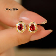 Load image into Gallery viewer, LUOWEND 18K Yellow Gold Real Natural Ruby and Diamond Earrings for Women