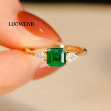 Load image into Gallery viewer, LUOWEND 18K Yellow Gold Real Natural Emerald Ring for Women