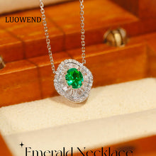 Load image into Gallery viewer, LUOWEND 18K White Gold Real Natural Diamond&Emerald Gemstone Necklace for Women
