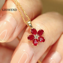 Load image into Gallery viewer, LUOWEND 18K Yellow Gold Natural Ruby Pendant Necklace for Women
