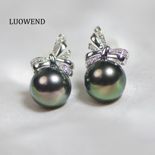 Load image into Gallery viewer, LUOWEND 18K White Gold Real Natural Tahiti Black Pearl Earrings for Women
