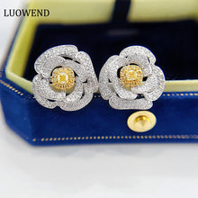 Load image into Gallery viewer, LUOWEND 18K White Gold Real Natural Yellow Diamond Stud Earrings for Women