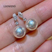 Load image into Gallery viewer, LUOWEND 18K White Gold Real Natural Diamond and Seawater Pearl Earrings for Women