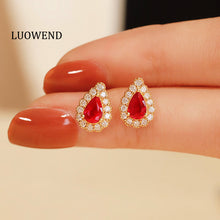 Load image into Gallery viewer, LUOWEND 18K Rose Gold Real Natural Ruby and Diamond Stud Earrings for Women