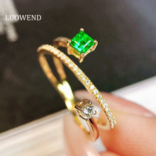 Load image into Gallery viewer, LUOWEND 18K Yellow Gold Real Natural Emerald and Diamond Gemstone Ring for Women