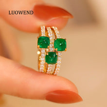 Load image into Gallery viewer, LUOWEND 18K Yellow Gold Real Natural Emerald Ring for Women