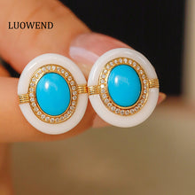 Load image into Gallery viewer, LUOWEND 18K Yellow Gold Real Natural Turquoise Gemstone Earrings for Women