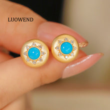 Load image into Gallery viewer, LUOWEND 18K Yellow Gold Real Natural Turquoise Earrings for Women