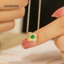 Load image into Gallery viewer, LUOWEND 18K Yellow Gold Real Natural Emerald and Diamond Gemstone Necklace for Women