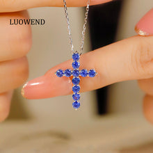 Load image into Gallery viewer, LUOWEND 18K White Gold Cross Pendant Real Natural Sapphire Necklace for Women