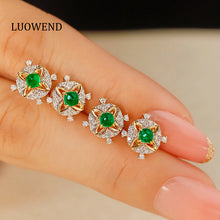 Load image into Gallery viewer, LUOWEND 18K Yellow Gold Real Natural Emerald and Diamond Gemstone Earrings for Women