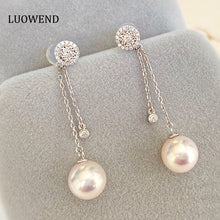 Load image into Gallery viewer, LUOWEND 18K White Gold Real Natural Diamond and Akoya Pearl Earrings for Women