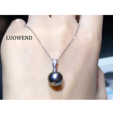Load image into Gallery viewer, LUOWEND 18K White Gold Natural Tahiti Black Pearl Necklace for Women
