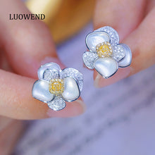 Load image into Gallery viewer, LUOWEND 18K White Gold Real Natural Yellow Diamond Stud Earrings for Women