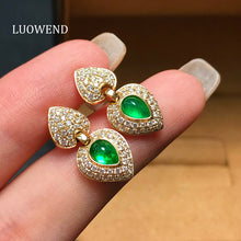 Load image into Gallery viewer, LUOWEND 18K Yellow Gold Natural Emerald Earrings for Women