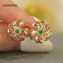 Load image into Gallery viewer, LUOWEND 18K Yellow Gold Real Natural Emerald and Diamond Gemstone Earrings for Women