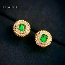 Load image into Gallery viewer, LUOWEND 18K Yellow Gold Real Natural Emerald and Diamond Gemstone Earrings for Women