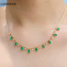 Load image into Gallery viewer, LUOWEND 18K Yellow Gold Real Natural Emerald and Diamond Gemstone Necklace for Women
