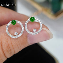 Load image into Gallery viewer, LUOWEND 18K White Gold Real Natural Jadeite and Diamond Gemstone Earrings for Women