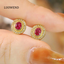 Load image into Gallery viewer, LUOWEND 18K Yellow Gold Real Natural Ruby and Diamond Gemstone Earrings for Women
