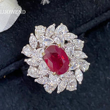 Load image into Gallery viewer, LUOWEND 18K White Gold Real Natural Ruby and Diamond Gemstone Ring for Women